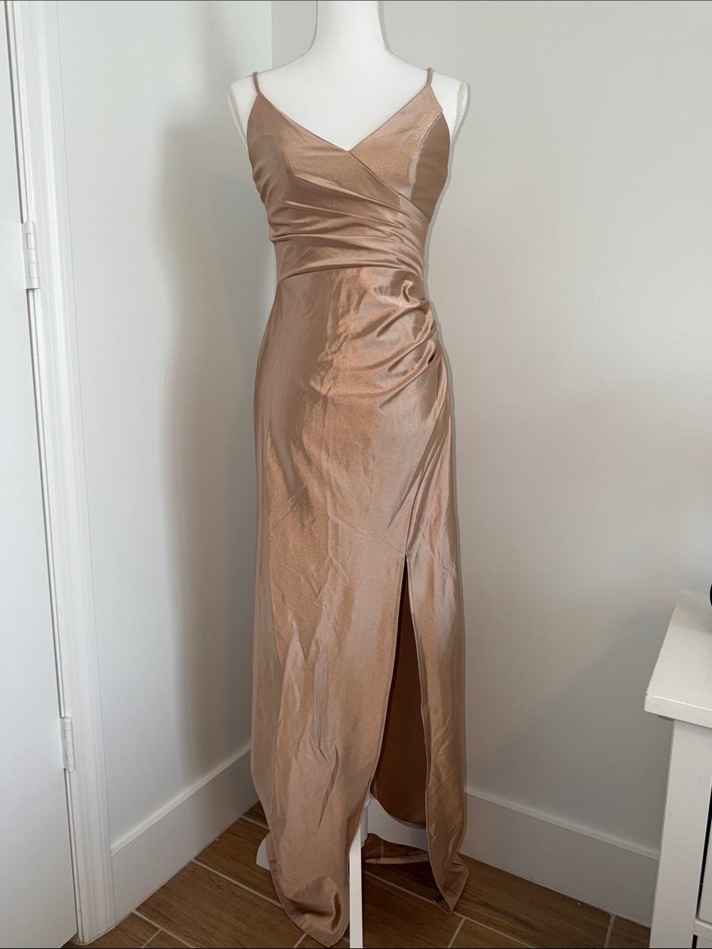 Ruched V-Neck Satin Maxi Dress in Champagne Taupe